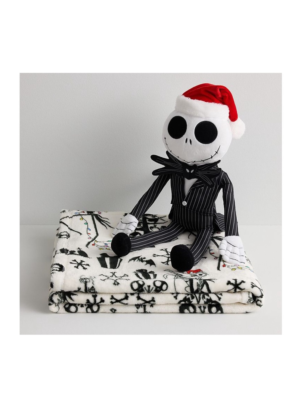 Disney Jack Skellington Kids Plush Doll in Black & White with Red Hat & blanket